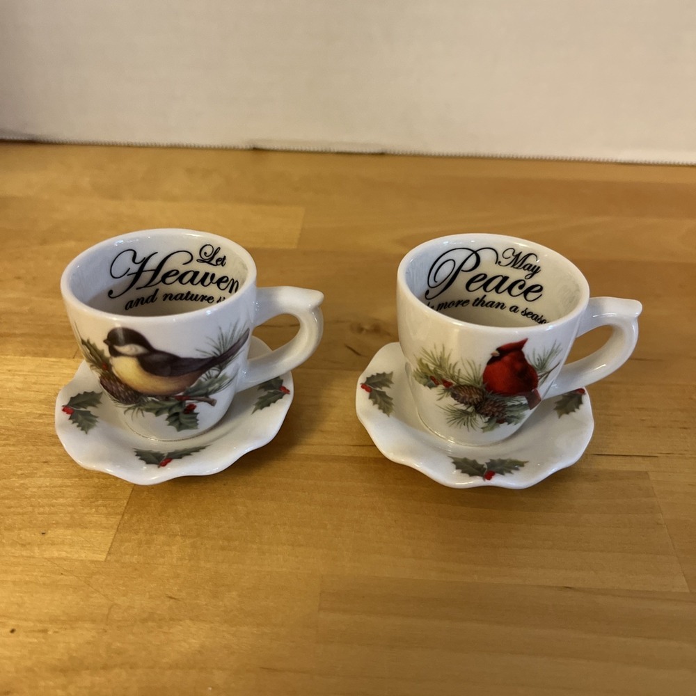 Set Of Two Cracker Barrel Seasons Of Peace Bird Tea Cup & Saucer Ornaments